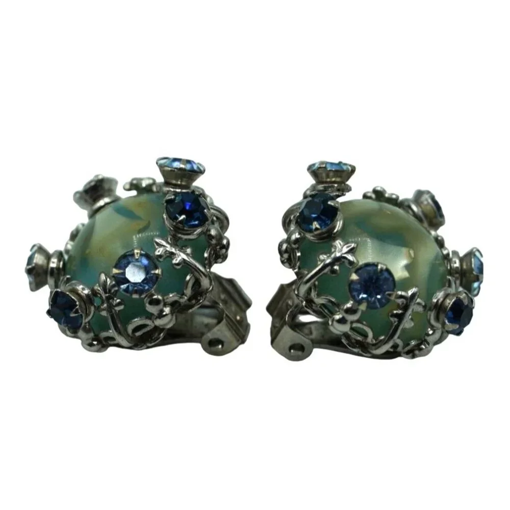 Vintage Rhinestone Set Confetti Lucite Brooch Earrings Blue Green Fleur de Lis C
